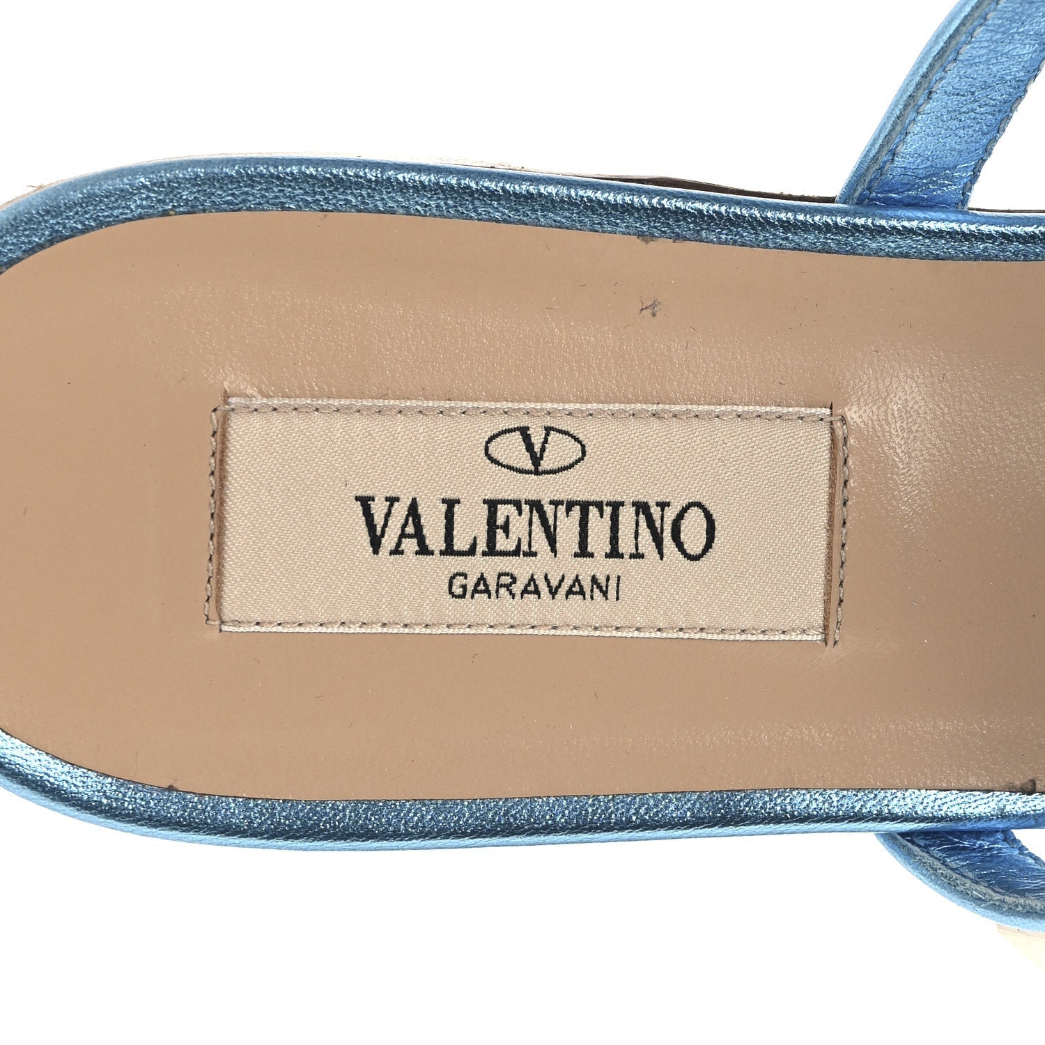 METALLIC NAPPA ROCKSTUD CAGED FLAT SLIDE SANDALS CERULEAN