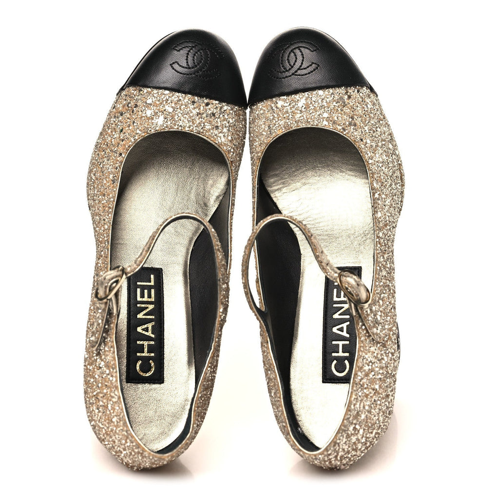 GLITTER LAMBSKIN CAP TOE CC MARY JANE PUMPS LIGHT GOLD BLACK