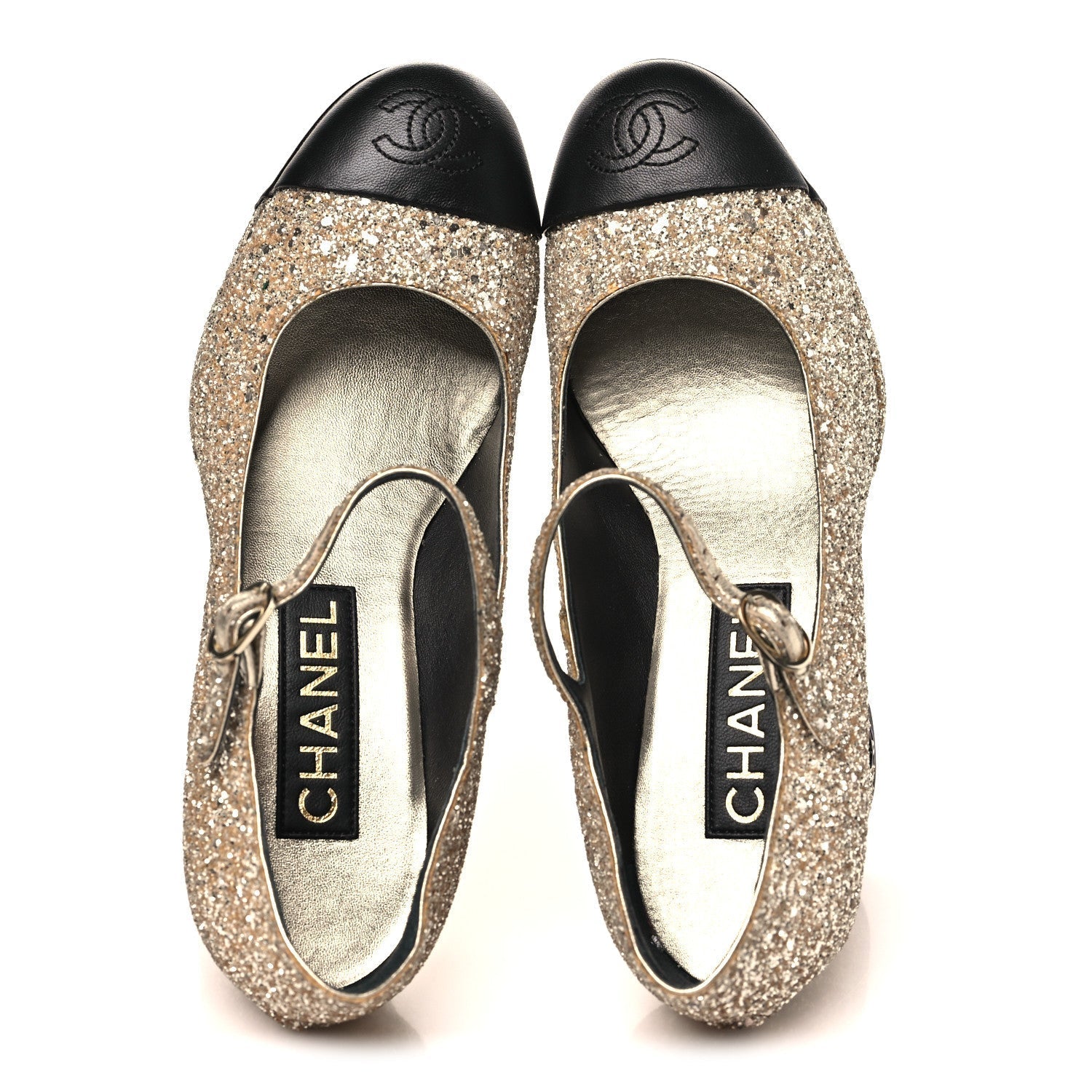 GLITTER LAMBSKIN CAP TOE CC MARY JANE PUMPS LIGHT GOLD BLACK