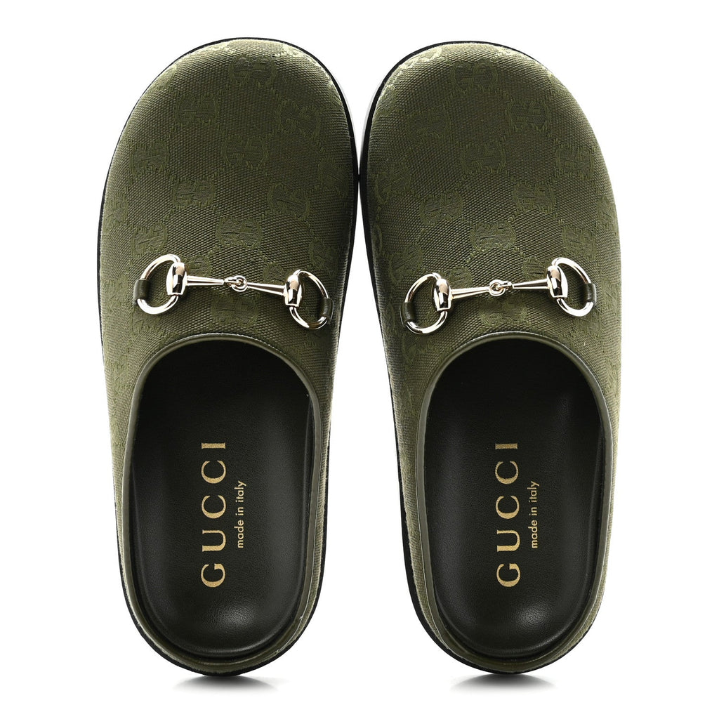 NEW CANVAS MONOGRAM GG GRANADA KID WOMENS HORSEBIT MULES GREEN