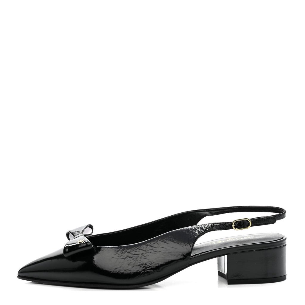 CRUMPLED PATENT CALFSKIN CC BOW SLINGBACK PUMPS BLACK
