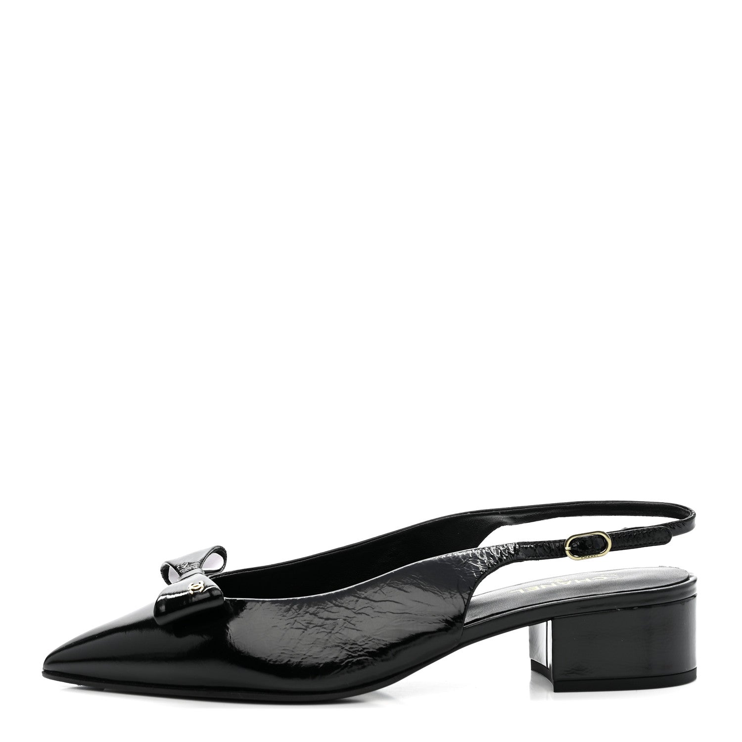 CRUMPLED PATENT CALFSKIN CC BOW SLINGBACK PUMPS BLACK