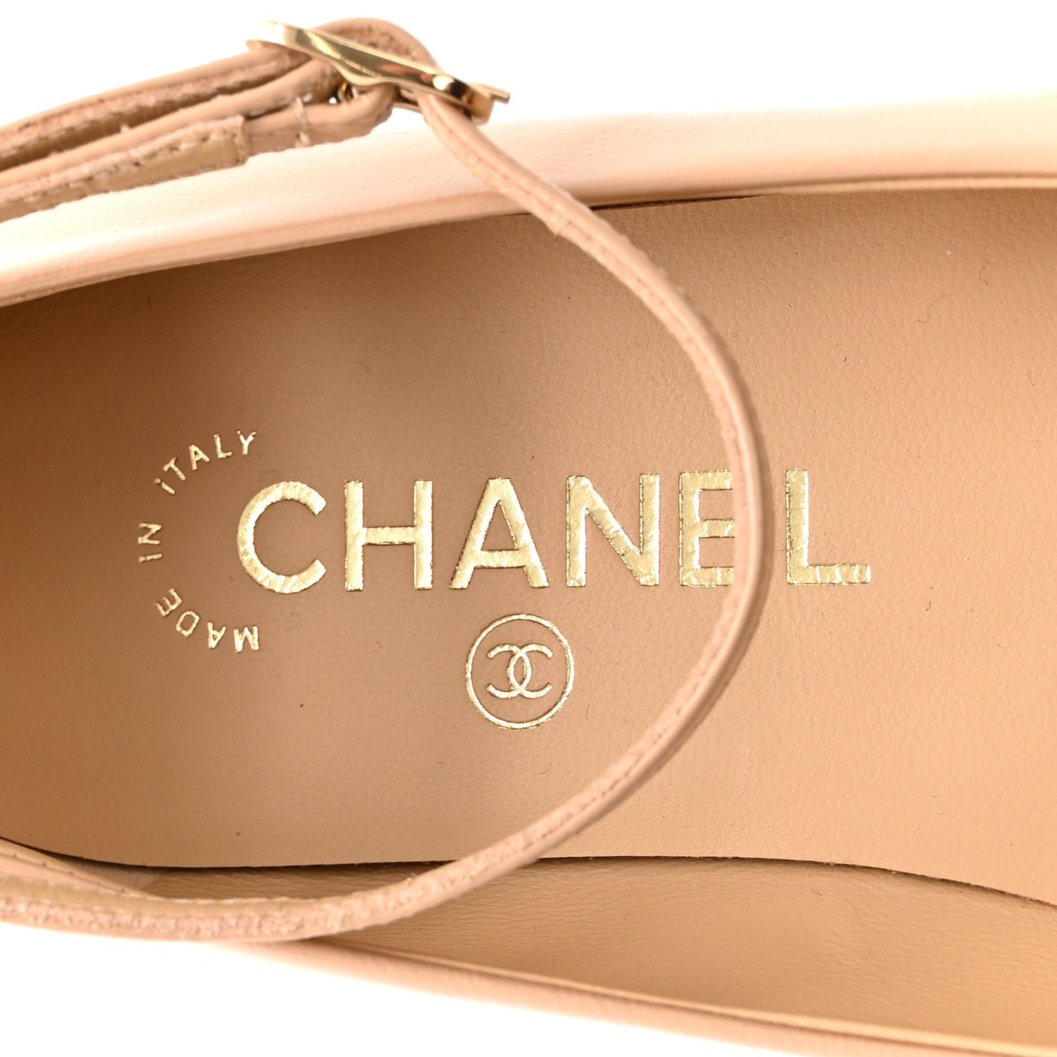SHINY CALFSKIN CAMELLIA ANKLE STRAP BALLERINA FLATS BEIGE