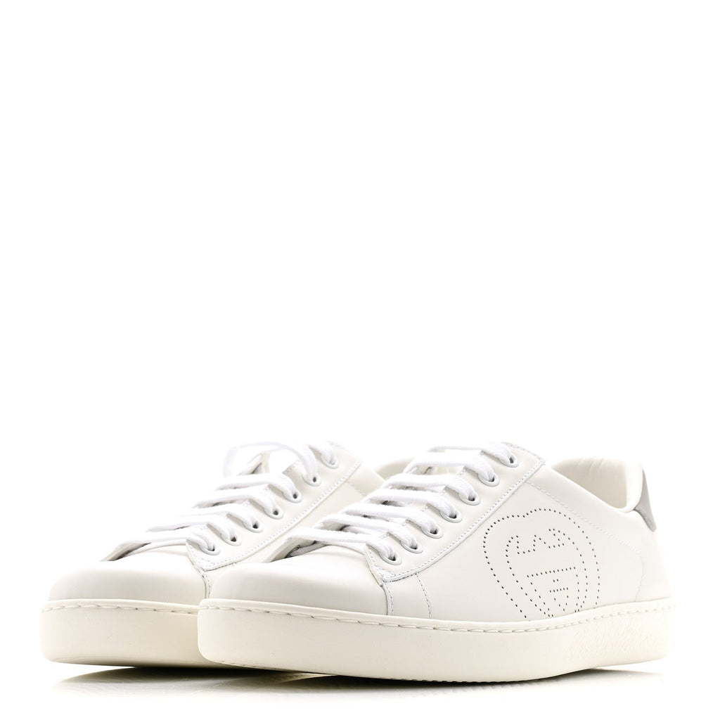 CALFSKIN INTERLOCKING G PERFORATED MENS ACE SNEAKERS WHITE GREY SKY