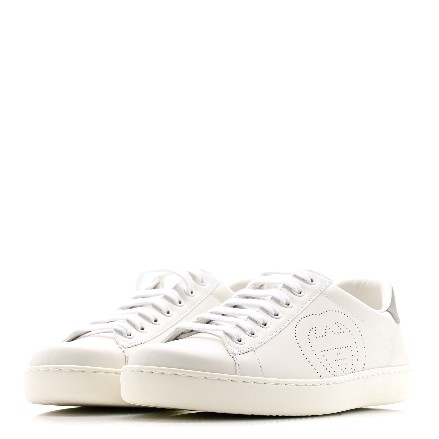 CALFSKIN INTERLOCKING G PERFORATED MENS ACE SNEAKERS WHITE GREY SKY