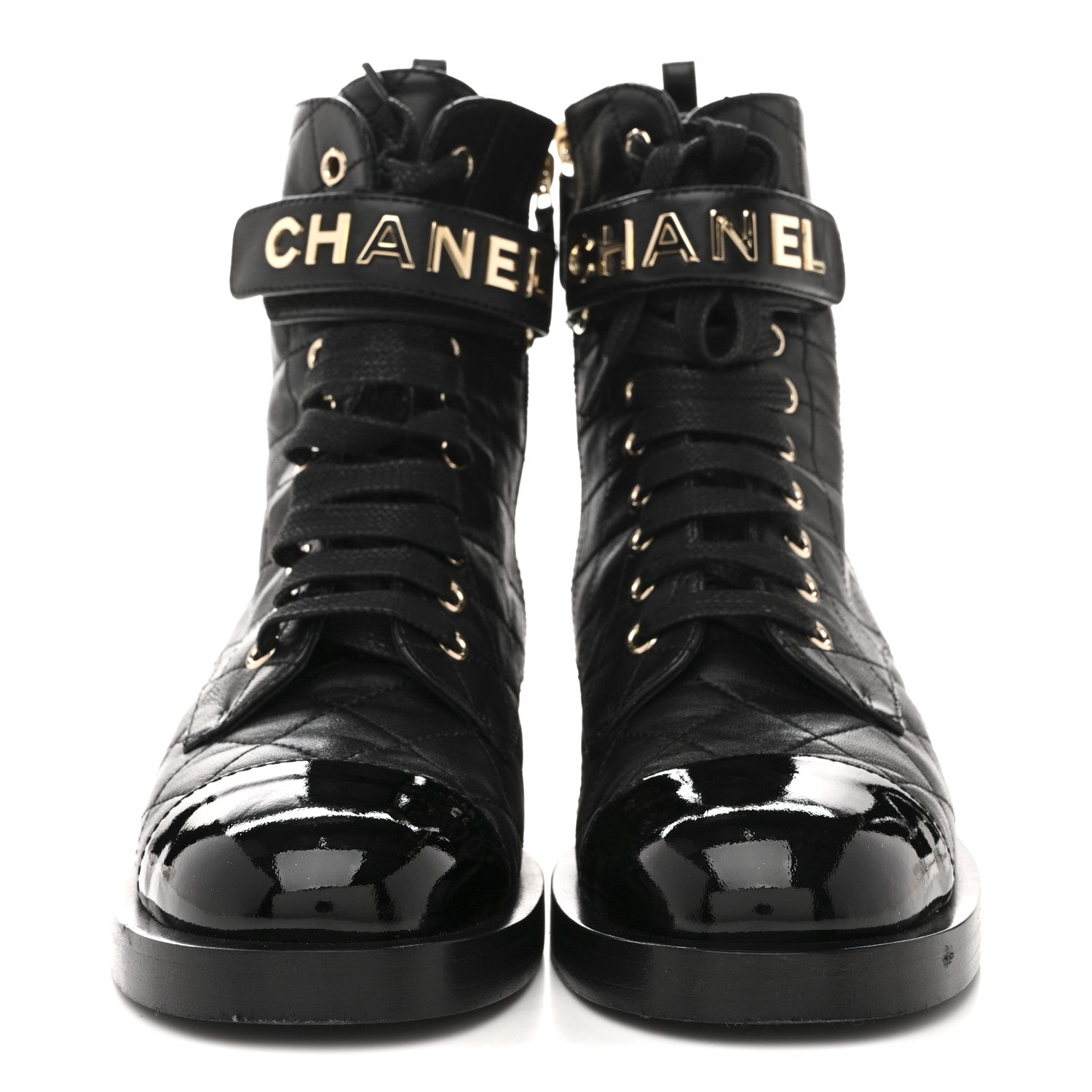 LAMBSKIN PATENT CALFSKIN QUILTED LOGO LACE UP COMBAT BOOTS BLACK