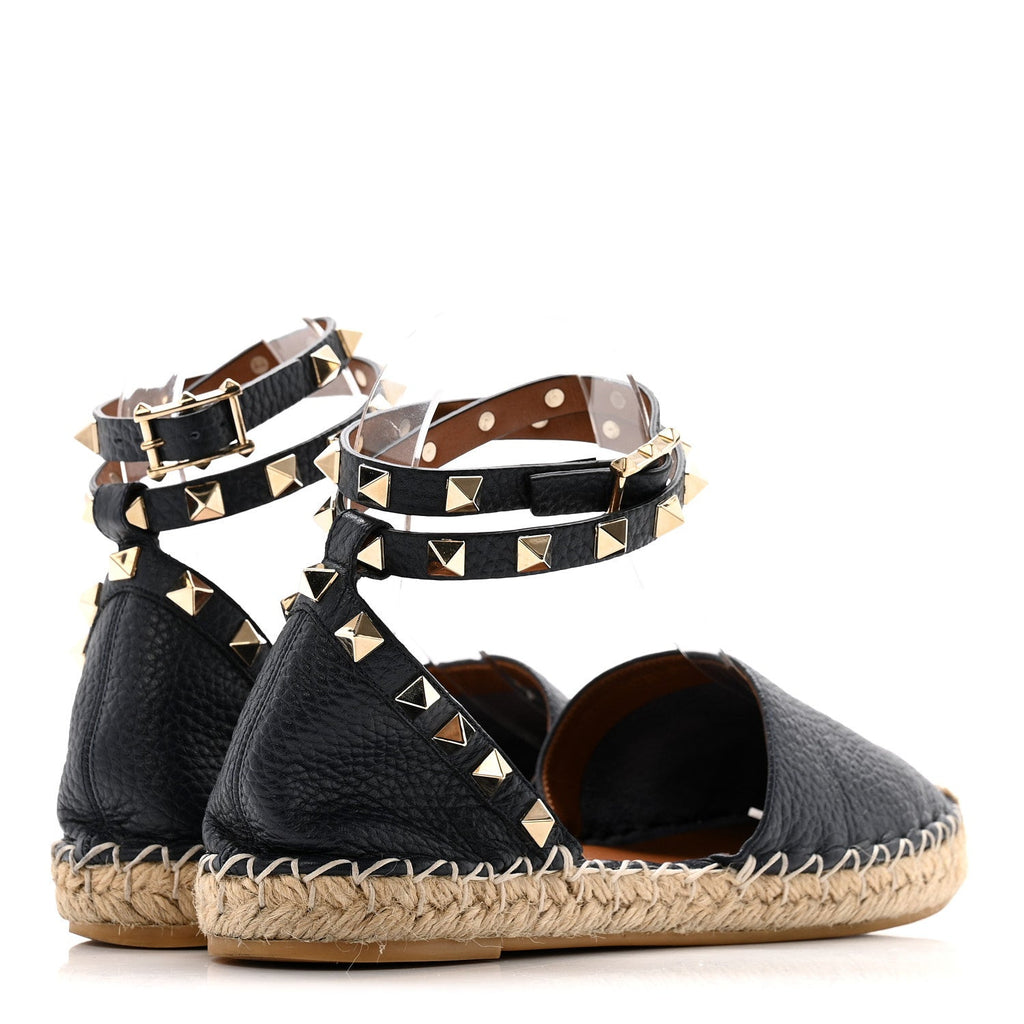 GRAINED CALFSKIN ROCKSTUD ANKLE WRAP ESPADRILLE 20MM FLATS NAVY