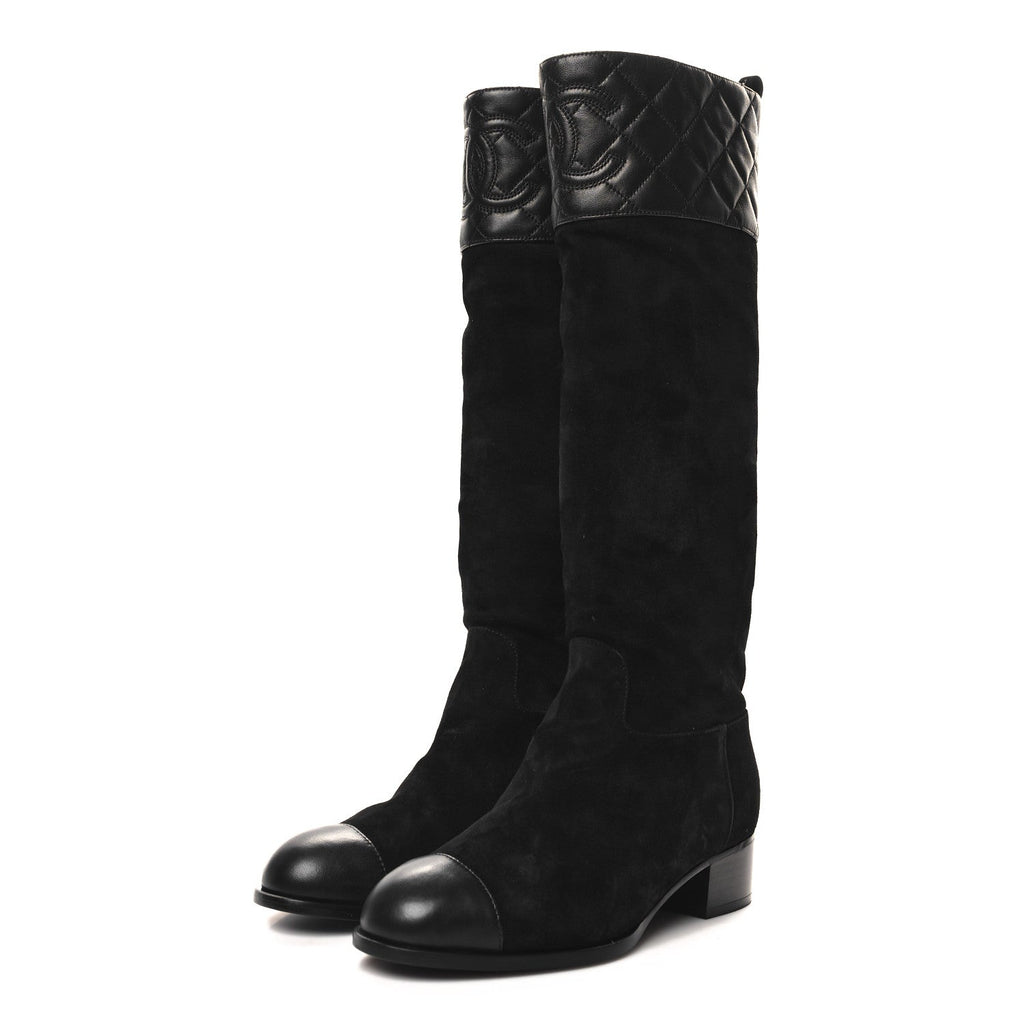 SUEDE CALFSKIN LAMBSKIN QUILTED KNEE HIGH BOOTS BLACK