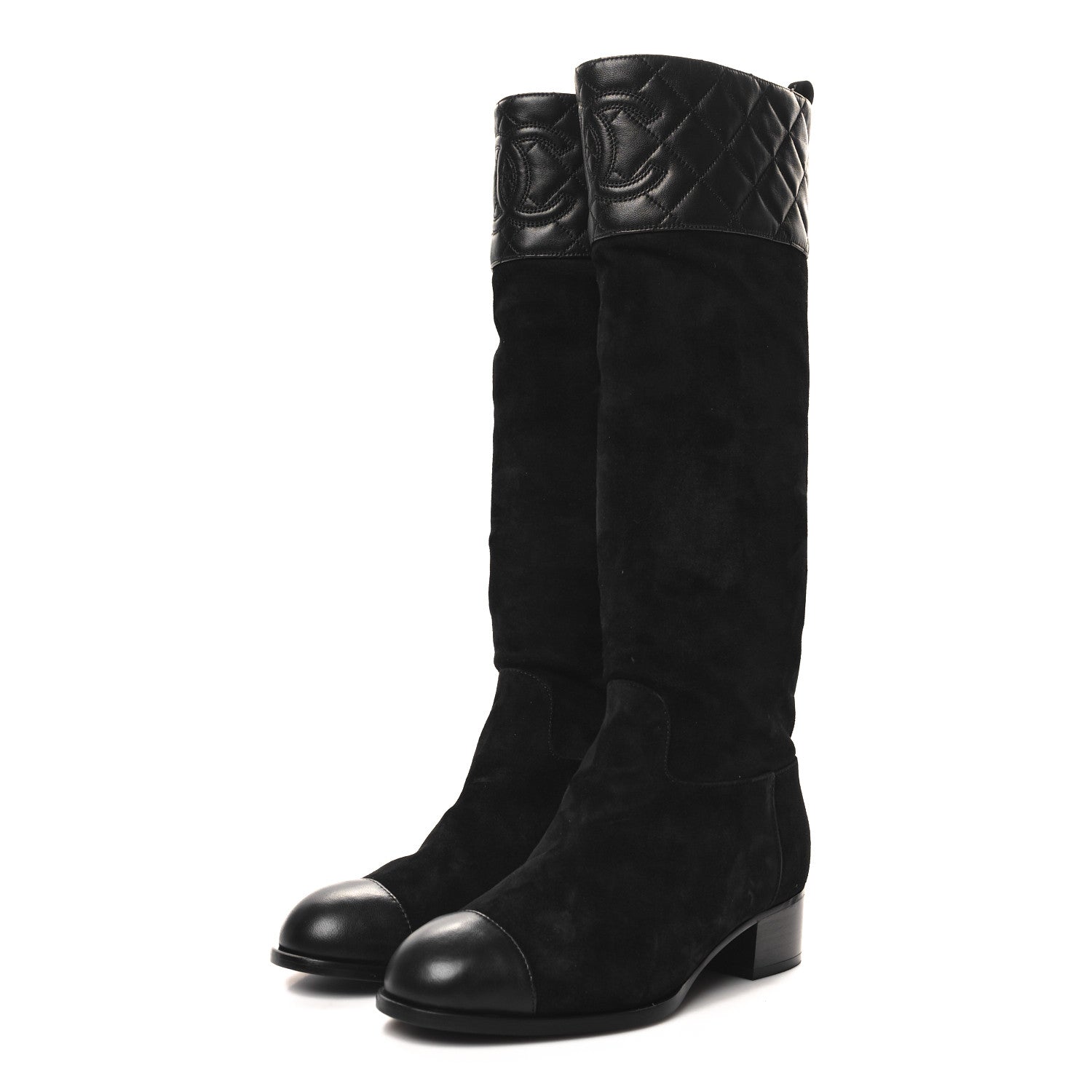 SUEDE CALFSKIN LAMBSKIN QUILTED KNEE HIGH BOOTS BLACK
