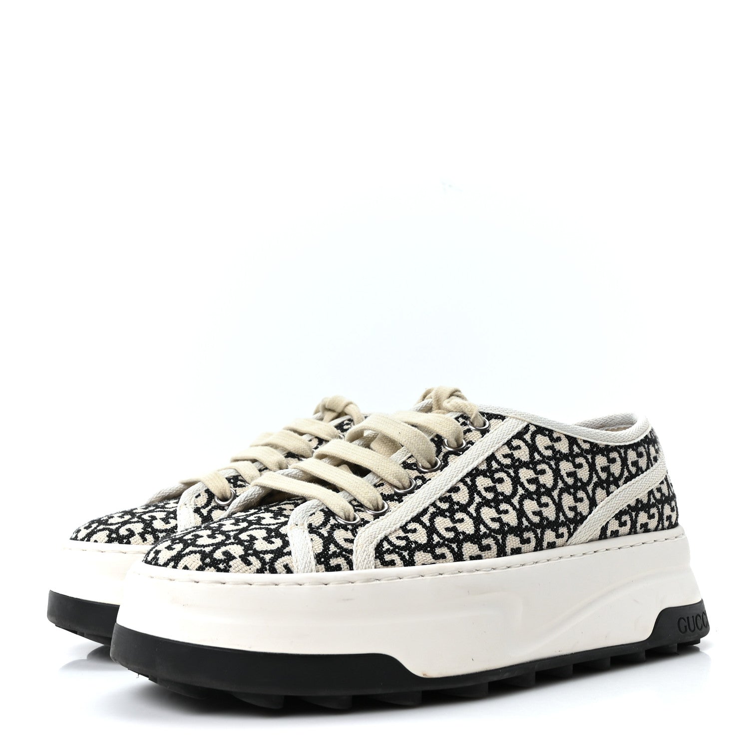 GG MONOGRAM JACQUARD WOMENS 1977 TENNIS PLATFORM 52MM SNEAKERS BLACK MYSTIC WHITE