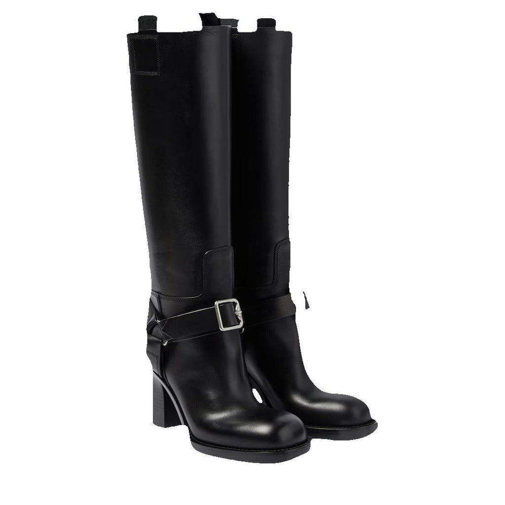 Burberry Saddle Knee-High Leather Boots - Black