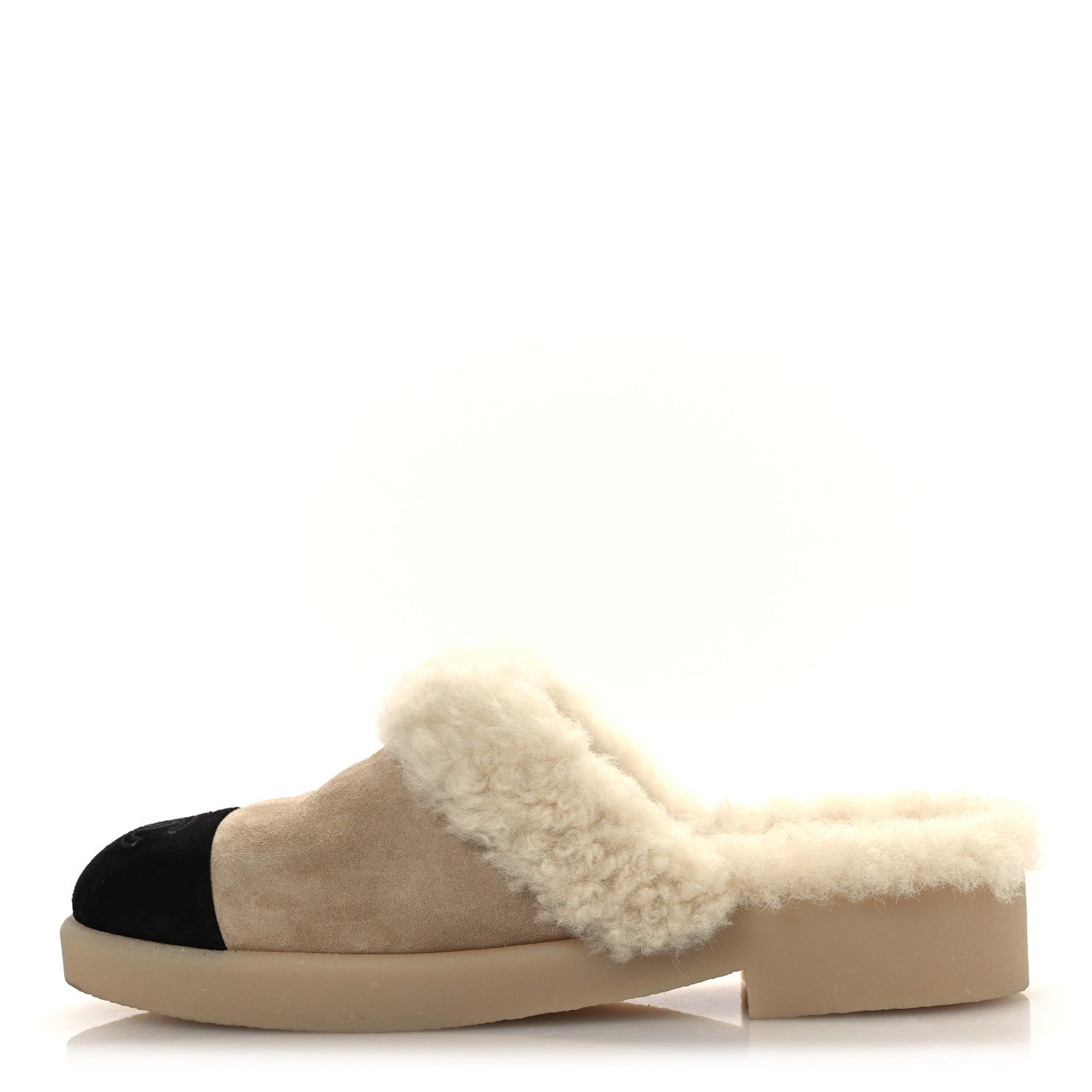 SUEDE SHEARLING CC CAP TOE MULES BEIGE BLACK