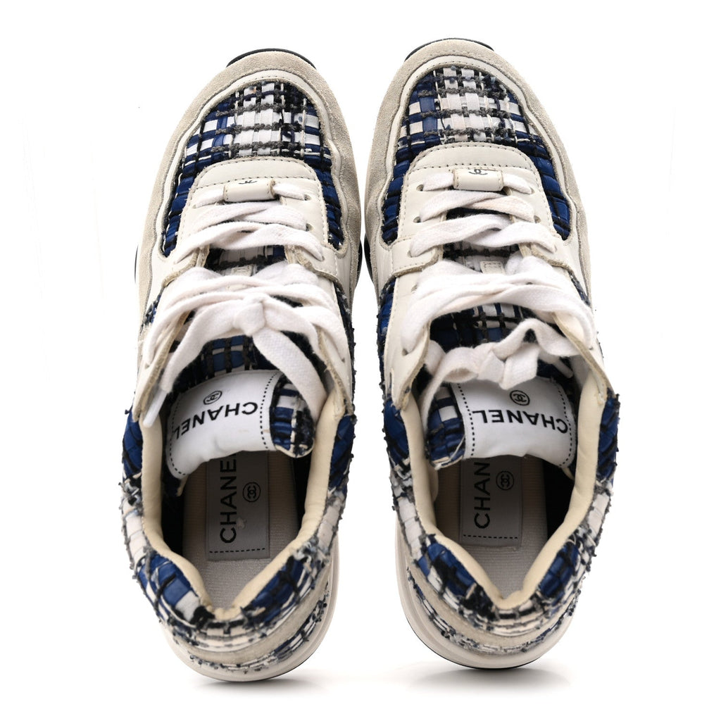 TWEED SUEDE CALFSKIN WOMENS CC SNEAKERS DARK BLUE BLACK GREY WHITE