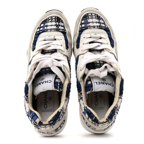 TWEED SUEDE CALFSKIN WOMENS CC SNEAKERS DARK BLUE BLACK GREY WHITE