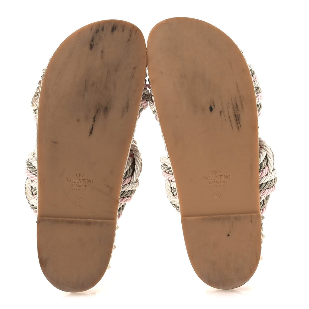SILK CORD CALFSKIN ROCKSTUD ROPE ESPADRILLE WEDGE SANDALS PINK
