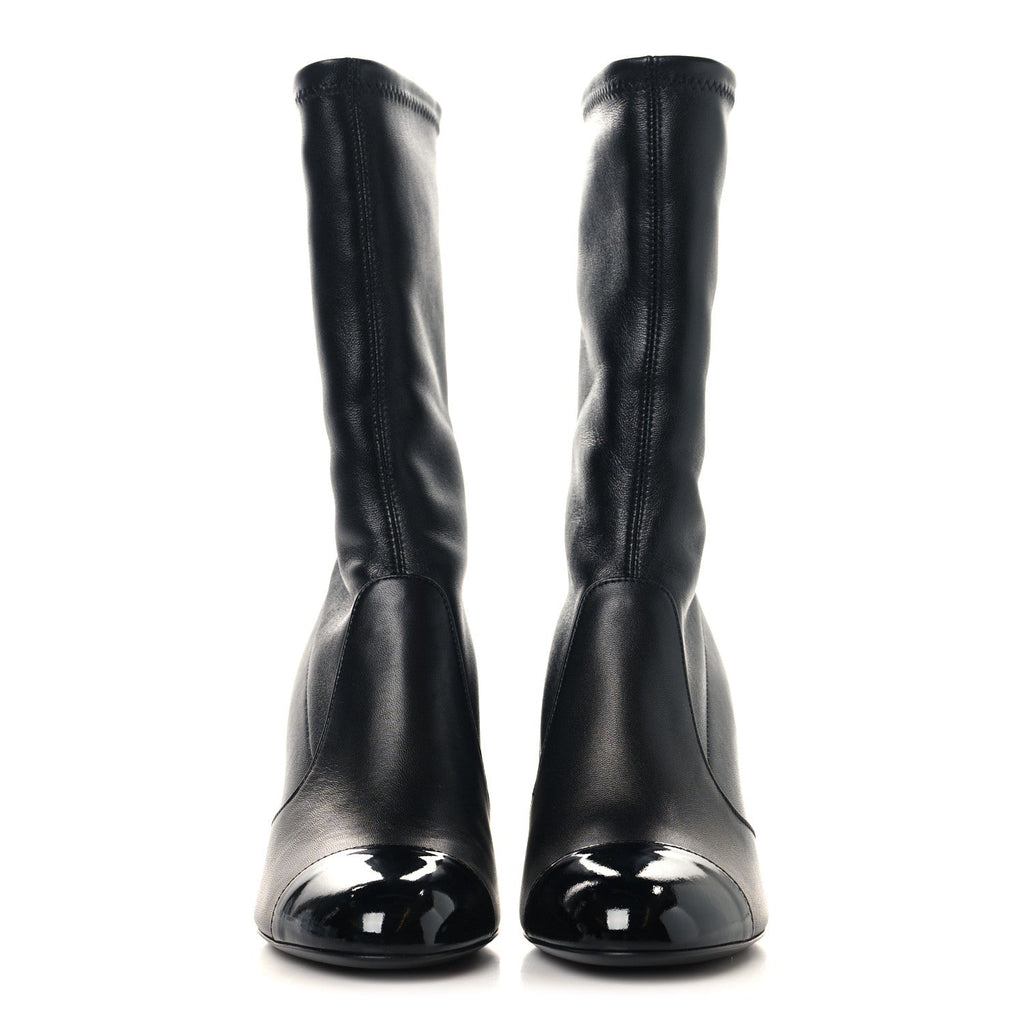 STRETCH LAMBSKIN PATENT CAP TOE PEARL BALL MID CALF BOOTS BLACK