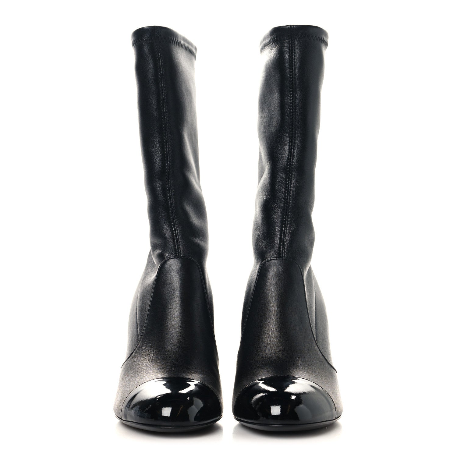 STRETCH LAMBSKIN PATENT CAP TOE PEARL BALL MID CALF BOOTS BLACK