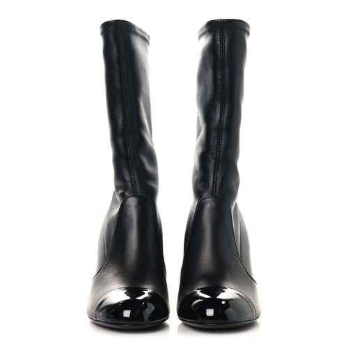STRETCH LAMBSKIN PATENT CAP TOE PEARL BALL MID CALF BOOTS BLACK