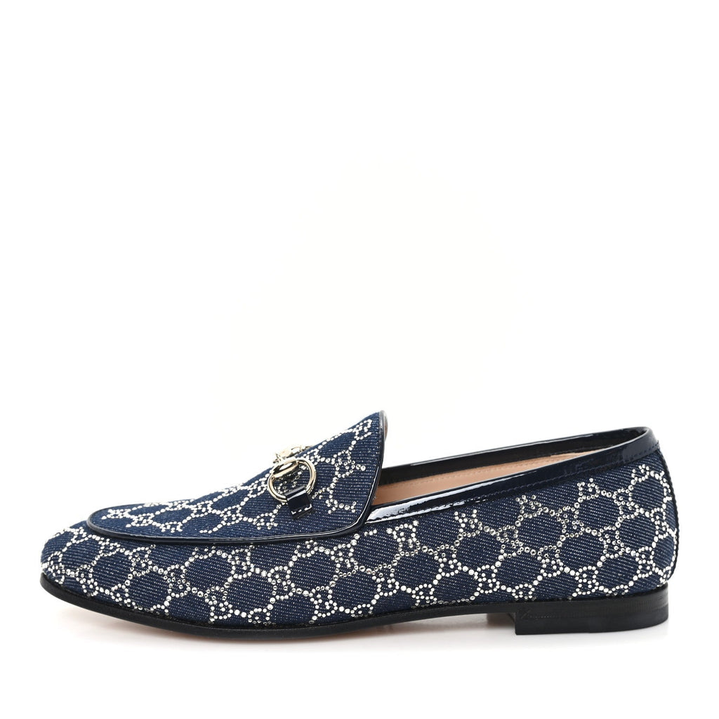 NEW DENIM CRYSTAL GG MONOGRAM WOMENS 1953 HORSEBIT JORDAAN LOAFER BLUE