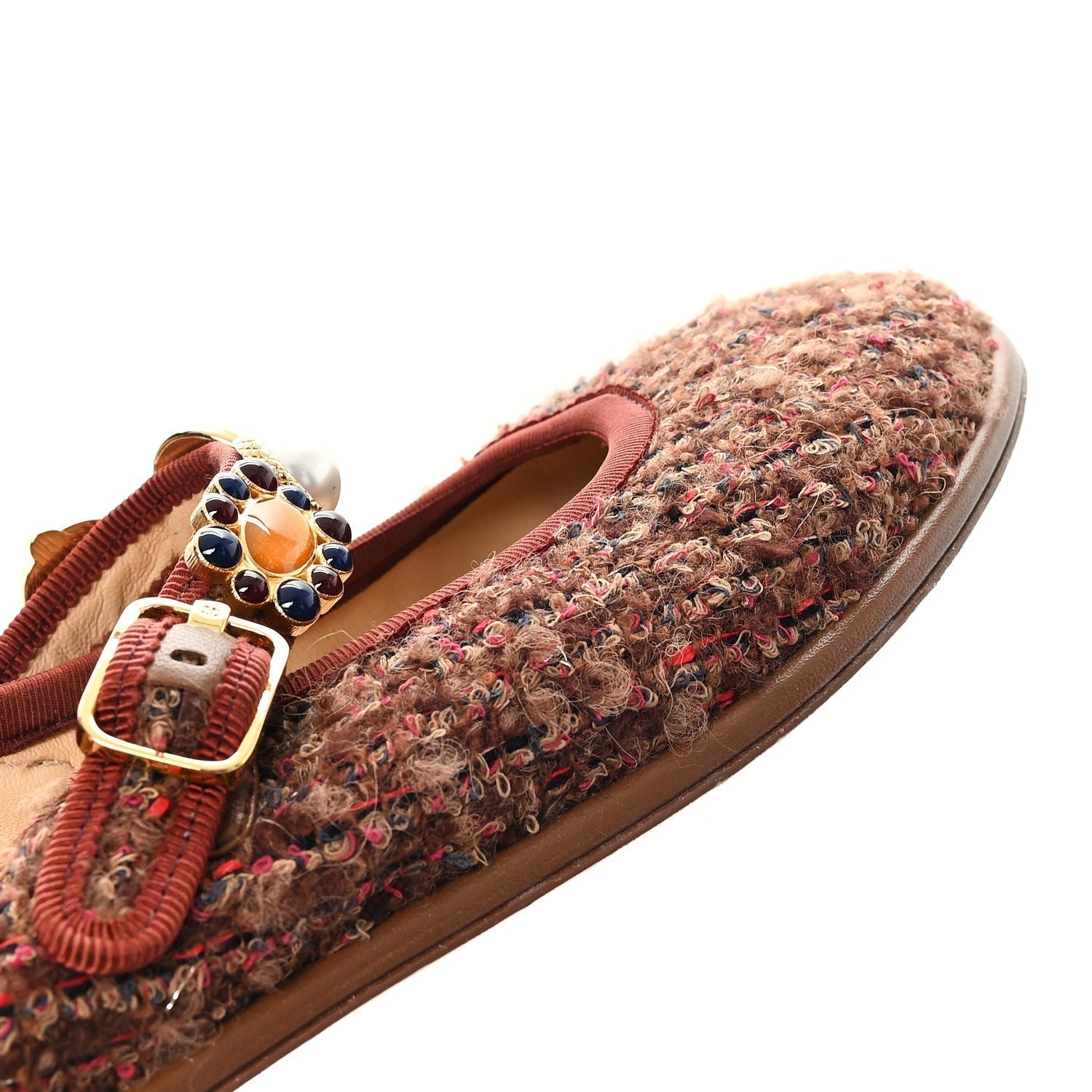 WOOL TWEED MARY JANE FLATS BROWN RED DARK BLUE