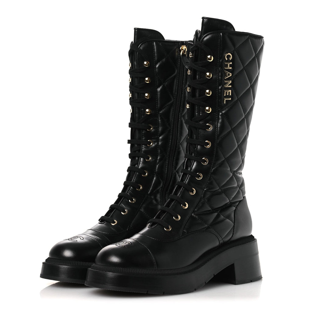 CALFSKIN QUILTED LOGO LACE UP TALL COMBAT BOOTS BLACK