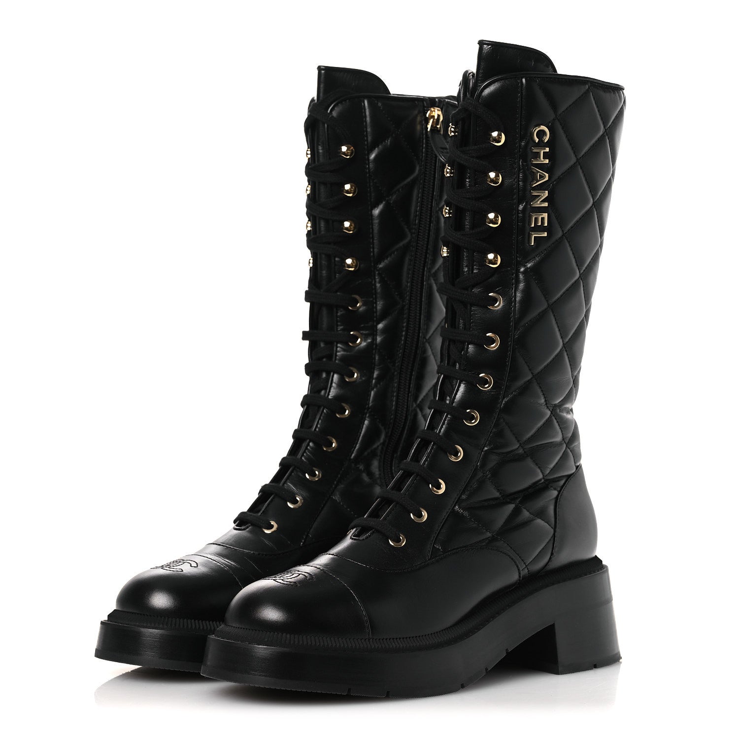 CALFSKIN QUILTED LOGO LACE UP TALL COMBAT BOOTS BLACK