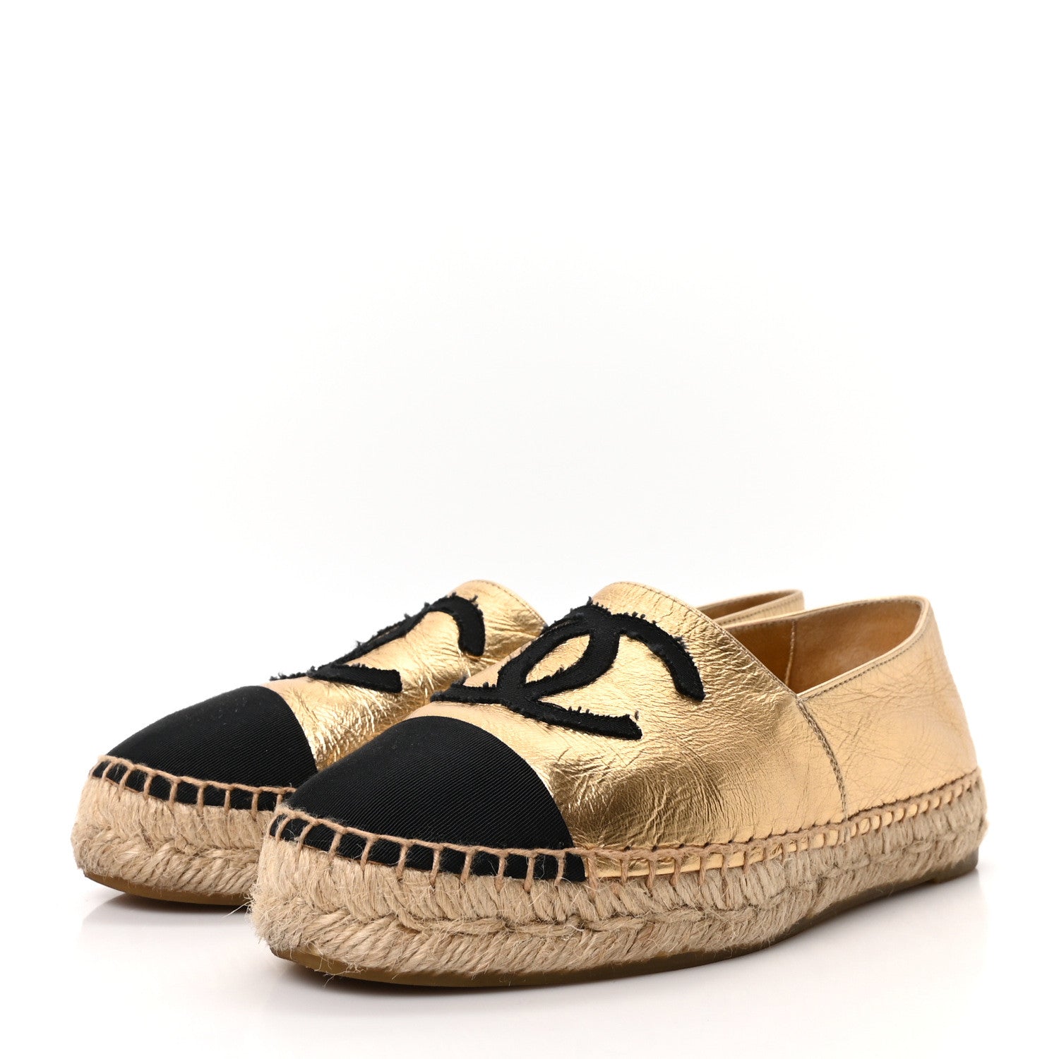 LAMINATED LAMBSKIN GROSGRAIN CC ESPADRILLES GOLD BLACK