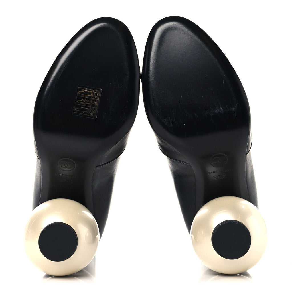 STRETCH LAMBSKIN PATENT CAP TOE PEARL BALL MID CALF BOOTS BLACK