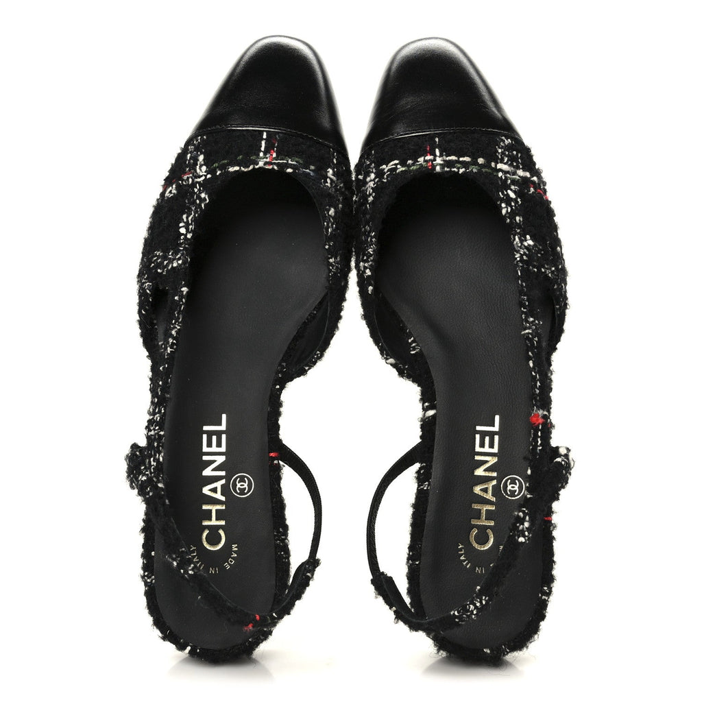 TWEED LAMBSKIN CAP TOE CC SLINGBACK FLATS BLACK WHITE MULTICOLOR