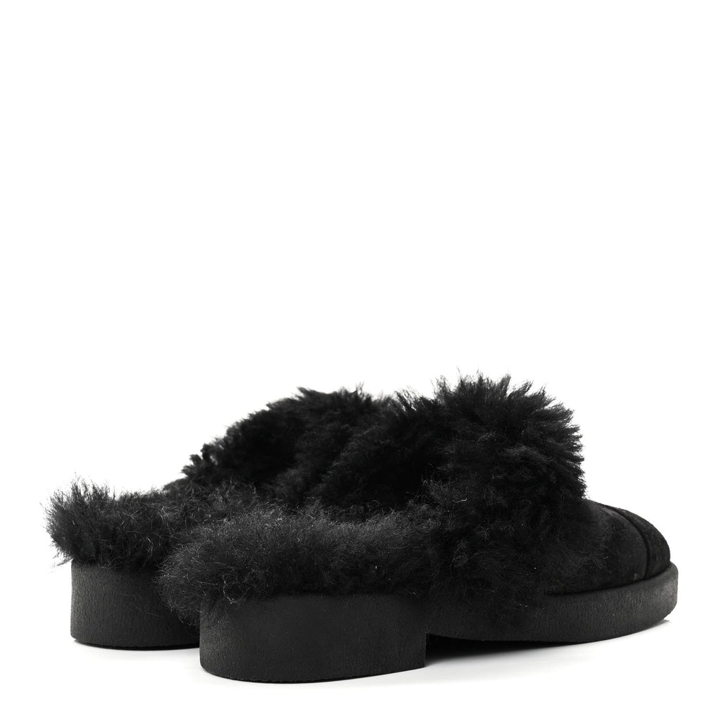 SUEDE SHEARLING CC CAP TOE MULES BLACK