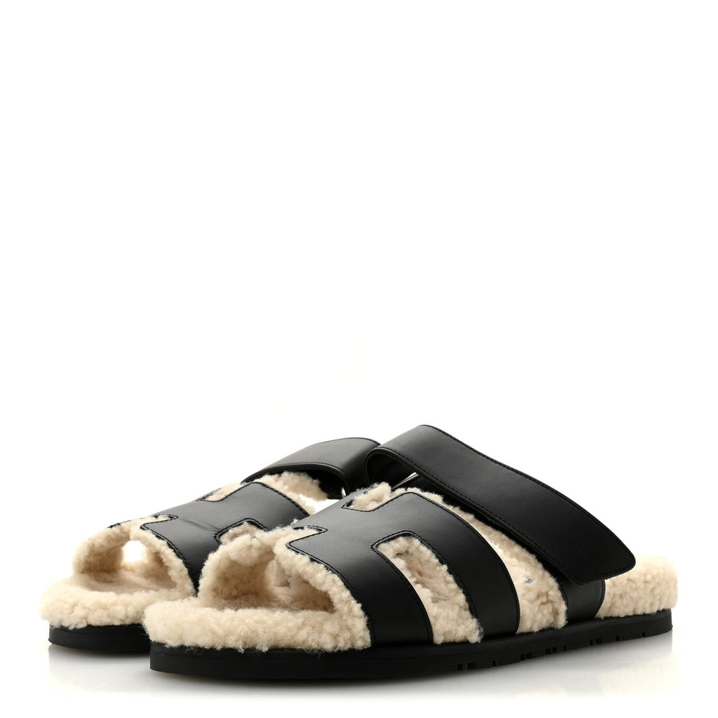 CALFSKIN WOOLSKIN WOMENS CHYPRE SANDALS BLACK ECRU