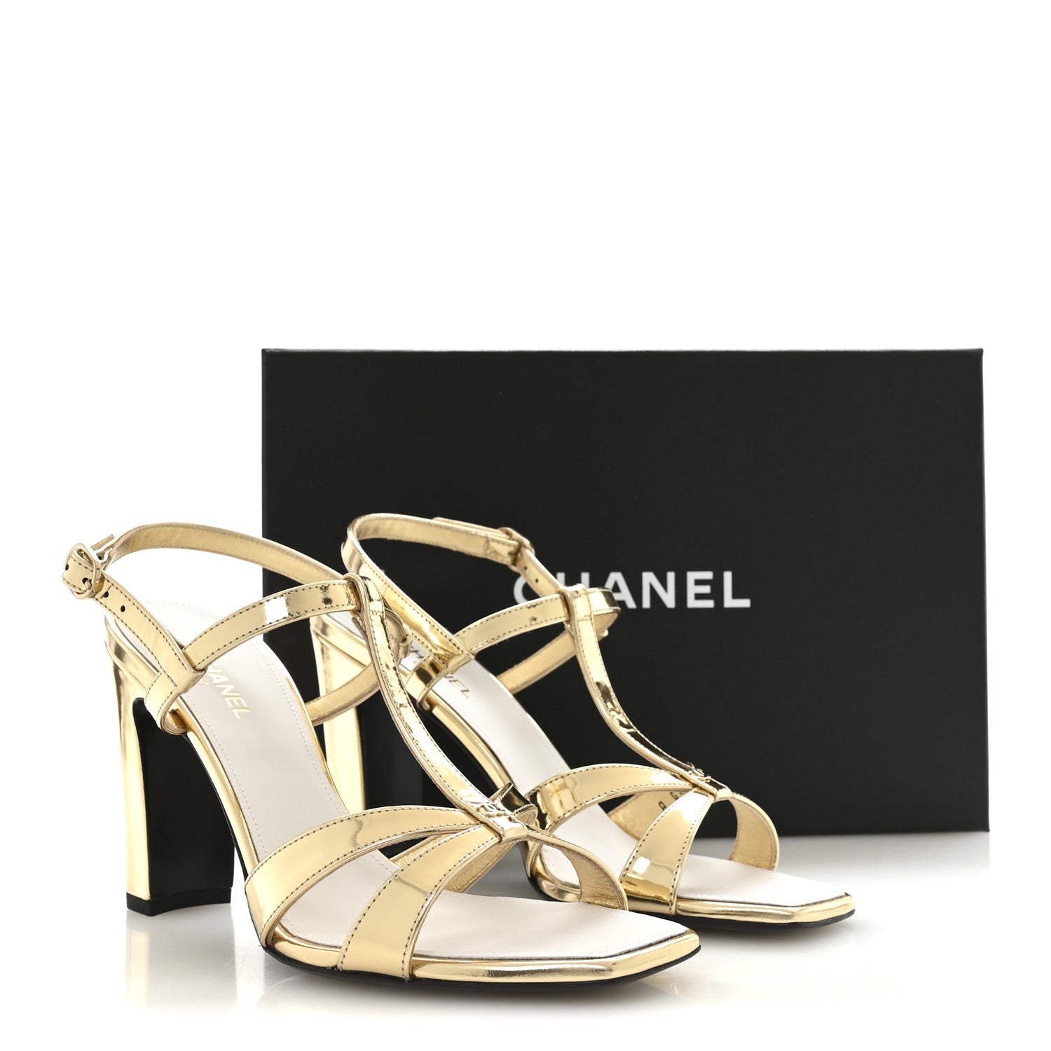 LAMINATED CALFSKIN BLOCK HEEL SANDALS GOLD