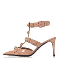 PATENT ENAMEL MONOCHROME ROMAN STUD ANKLE STRAP 80MM PUMPS ROSE CANNELLE