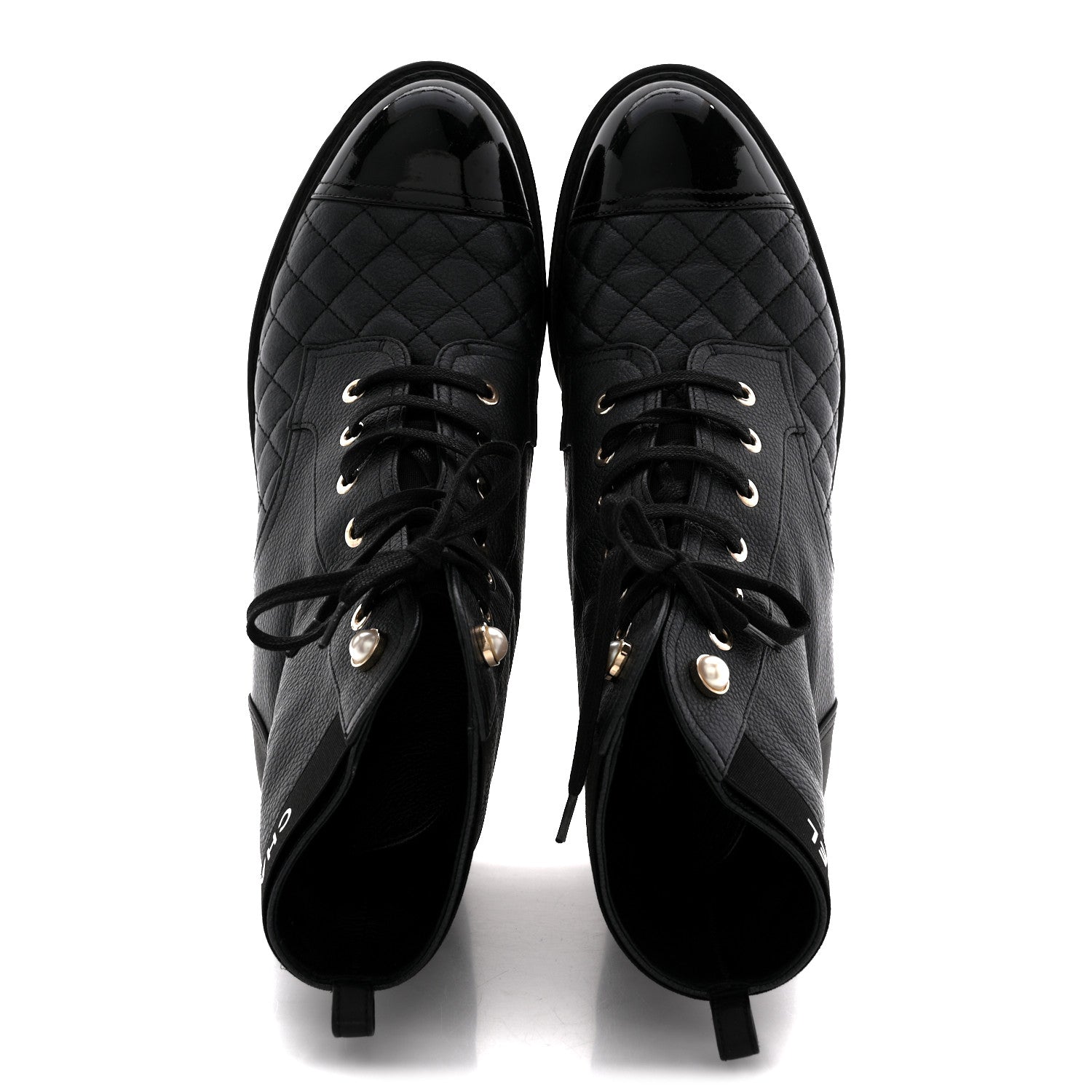 PEARLY CALFSKIN PATENT CALFSKIN LACE UP COMBAT BOOTS BLACK