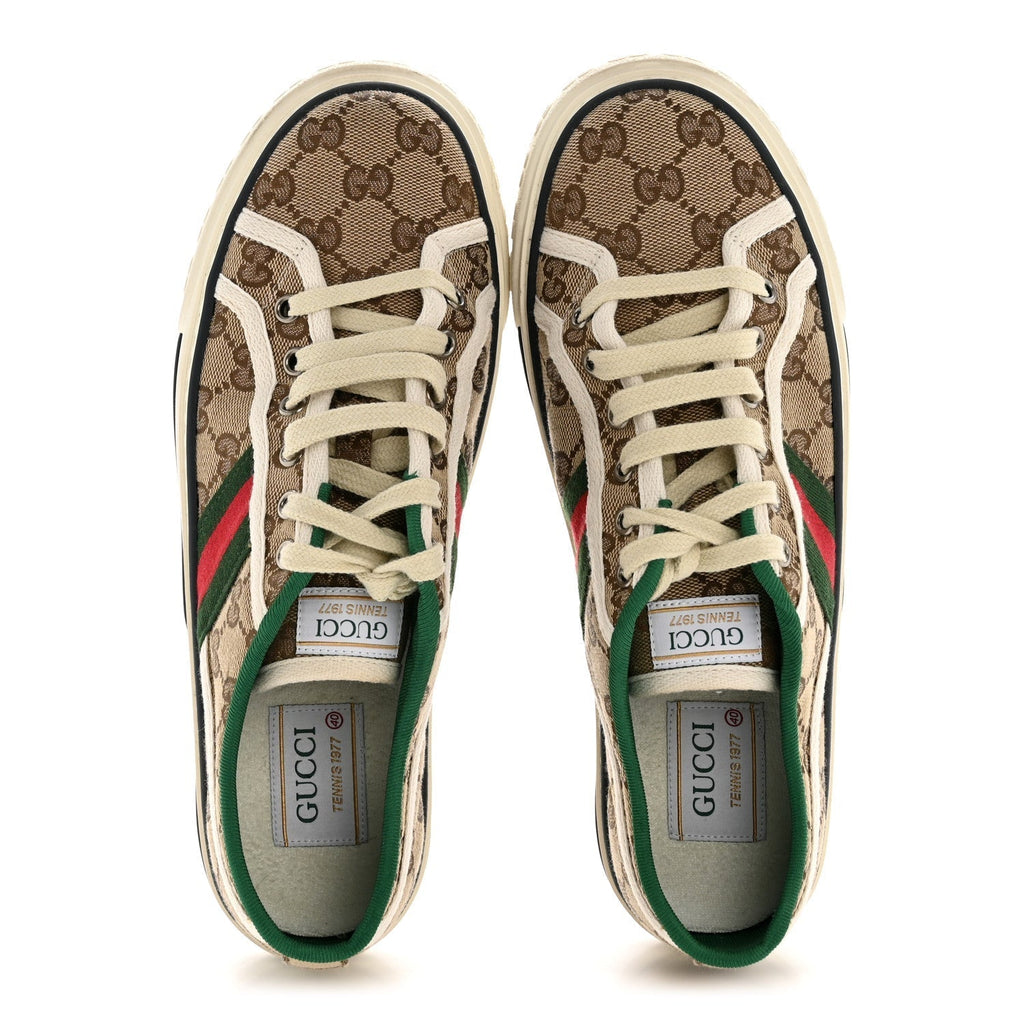 GG MONOGRAM WEB WOMENS 1977 TENNIS SNEAKERS BEIGE EBONY MYSTIC WHITE