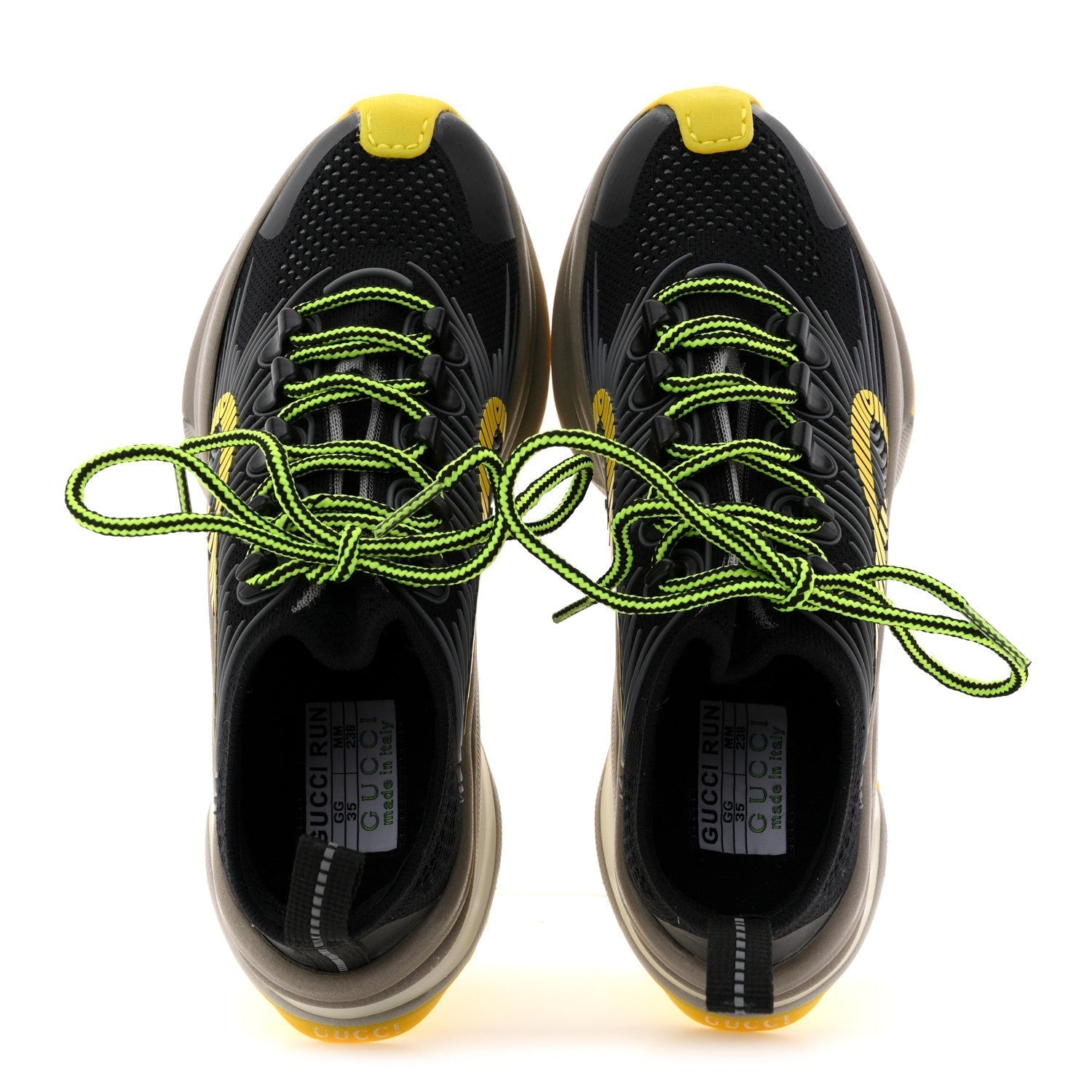 TECHNICAL KNIT FABRIC WAVES WOMENS GUCCI RUN SNEAKERS BLACK SILVER GIALLO NEON YELLOW