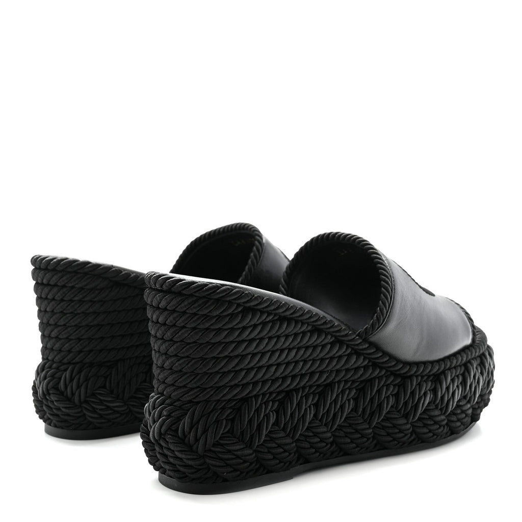 CALFSKIN SILK TORCHON VLOGO PLATFORM ESPADRILLE 100 WEDGE SANDALS BLACK