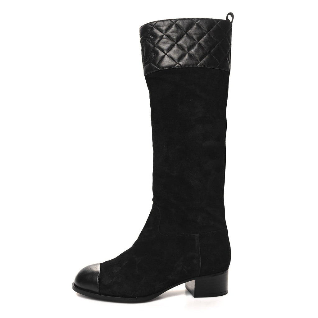 SUEDE CALFSKIN LAMBSKIN QUILTED KNEE HIGH BOOTS BLACK