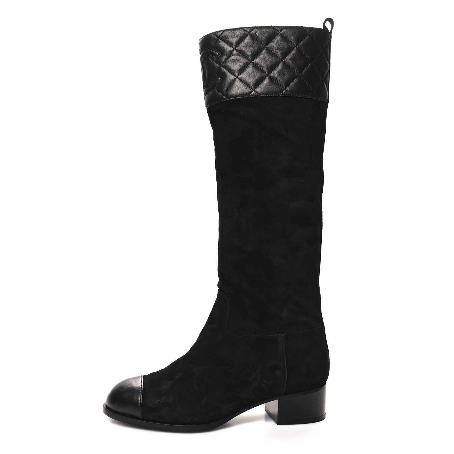 SUEDE CALFSKIN LAMBSKIN QUILTED KNEE HIGH BOOTS BLACK