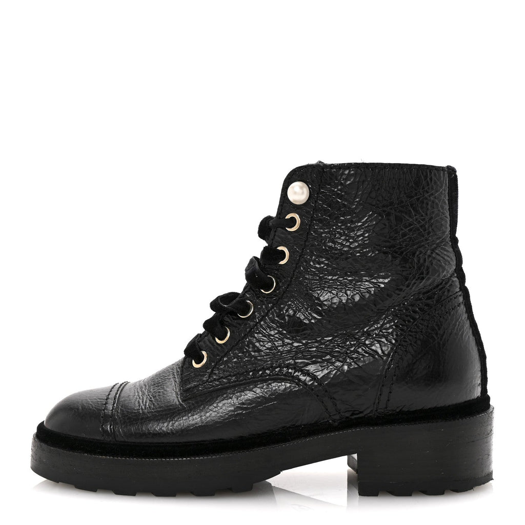 SHINY CALFSKIN VELVET PEARL COMBAT SHORT BOOTS BLACK