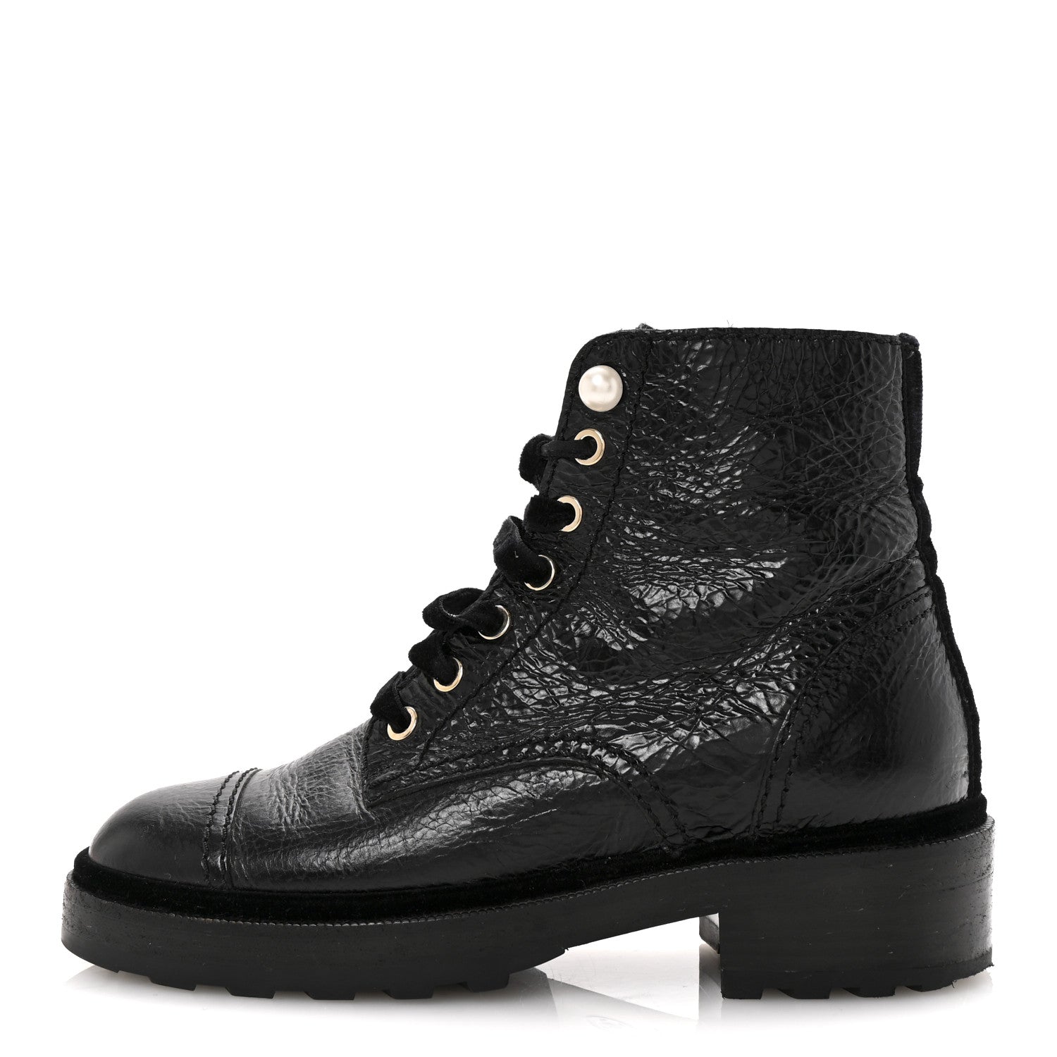 SHINY CALFSKIN VELVET PEARL COMBAT SHORT BOOTS BLACK