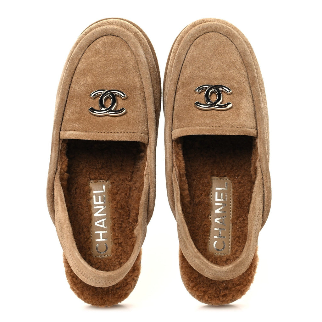 SUEDE CALFSKIN CC SLINGBACK LOAFERS DARK BEIGE