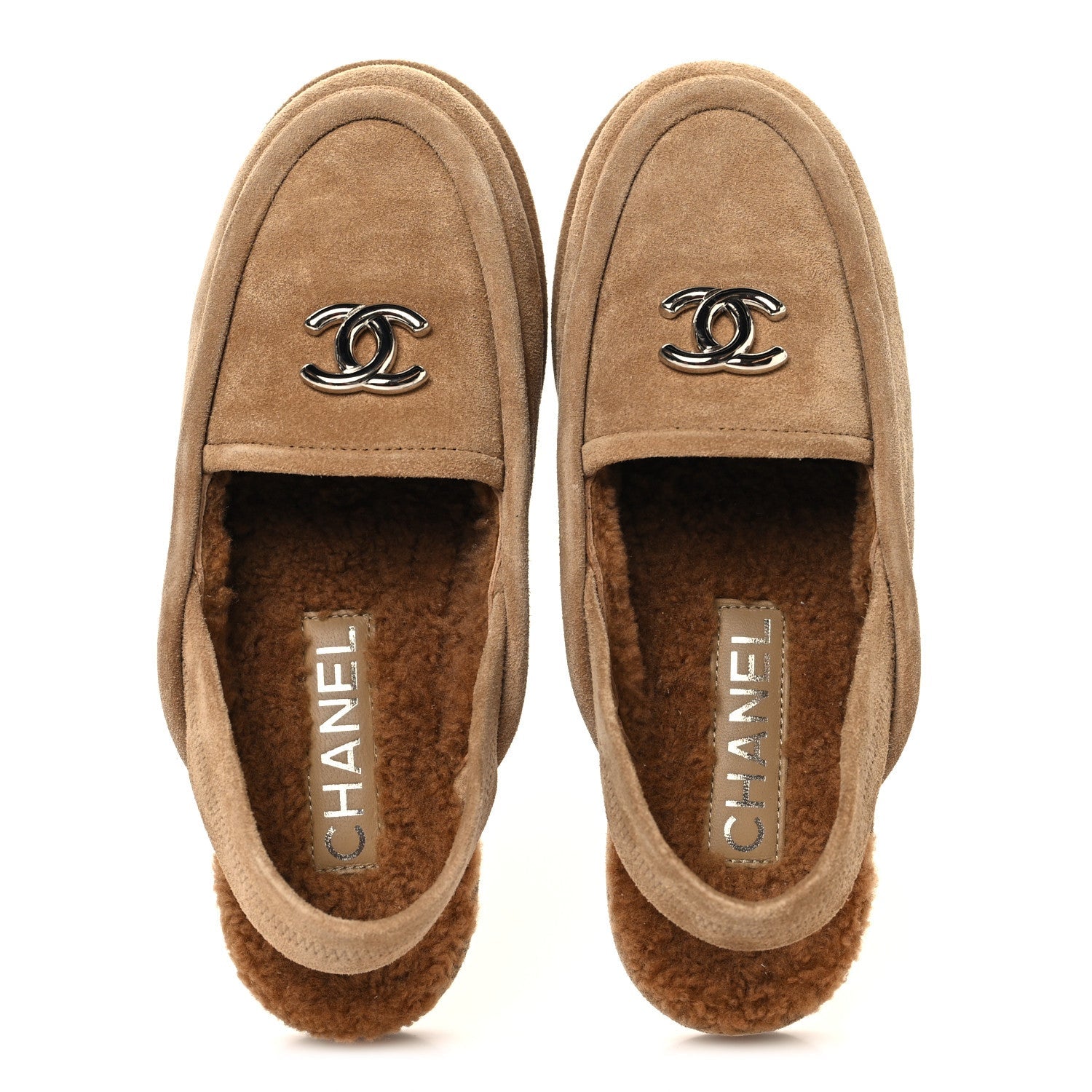 SUEDE CALFSKIN CC SLINGBACK LOAFERS DARK BEIGE