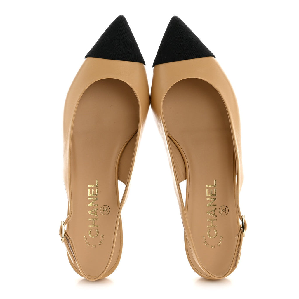 GOATSKIN GROSGRAIN POINTED TOE CC SLINGBACK FLATS BEIGE BLACK