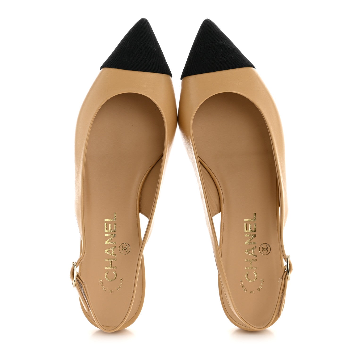 GOATSKIN GROSGRAIN POINTED TOE CC SLINGBACK FLATS BEIGE BLACK