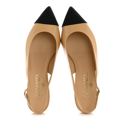 GOATSKIN GROSGRAIN POINTED TOE CC SLINGBACK FLATS BEIGE BLACK