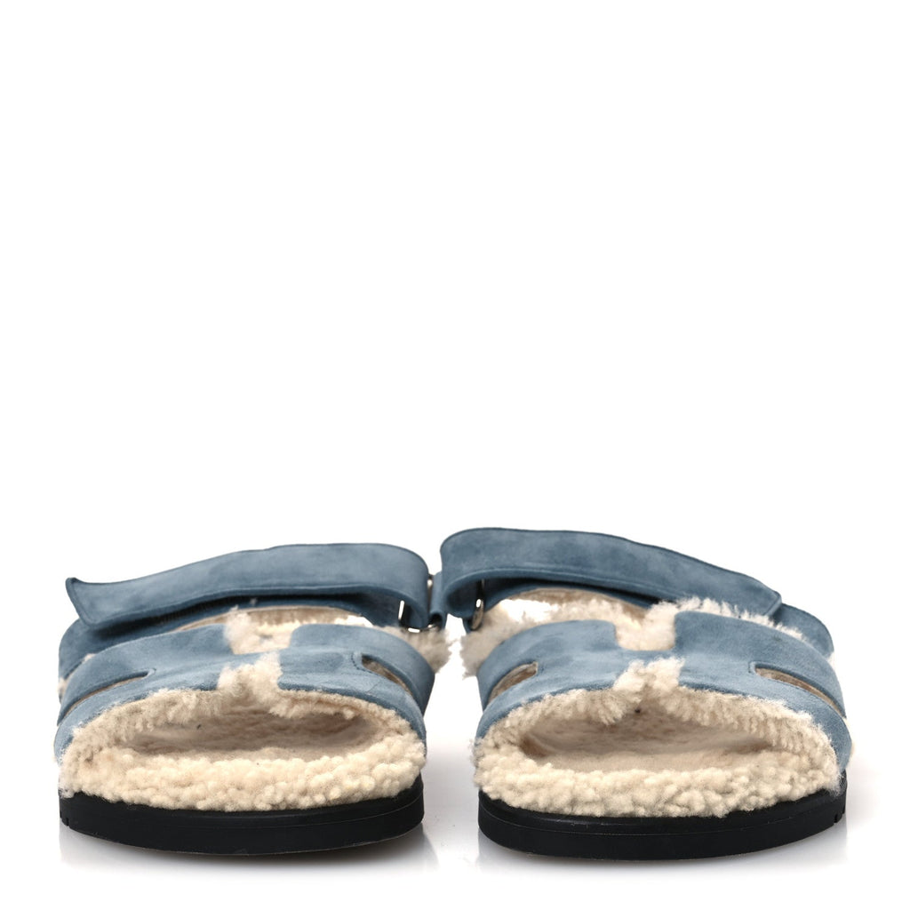 SUEDE GOATSKIN WOOLSKIN WOMENS CHYPRE SANDALS BLEU PINEDE ECRU