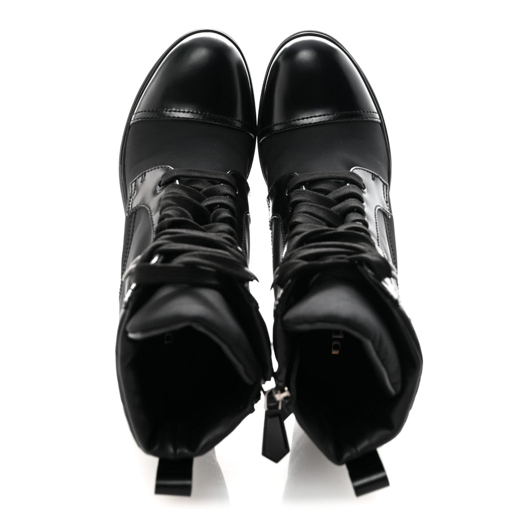 SPAZZOLATO RE-NYLON METAL TRIANGLE LOGO LACE UP 85MM ANKLE BOOTS BLACK