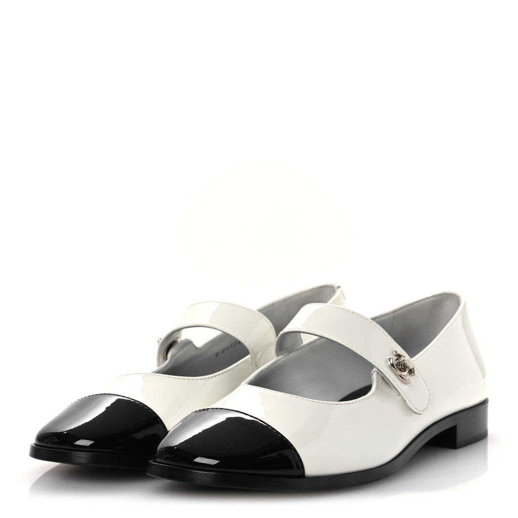 PATENT CALFSKIN MARY JANES FLATS WHITE BLACK