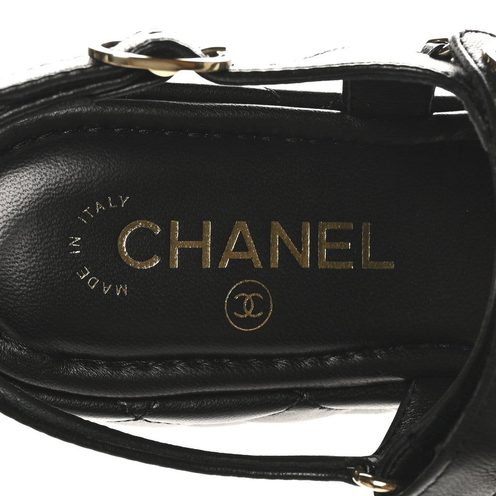 LAMBSKIN QUILTED CHAIN CC PLATFORM SANDALS BLACK